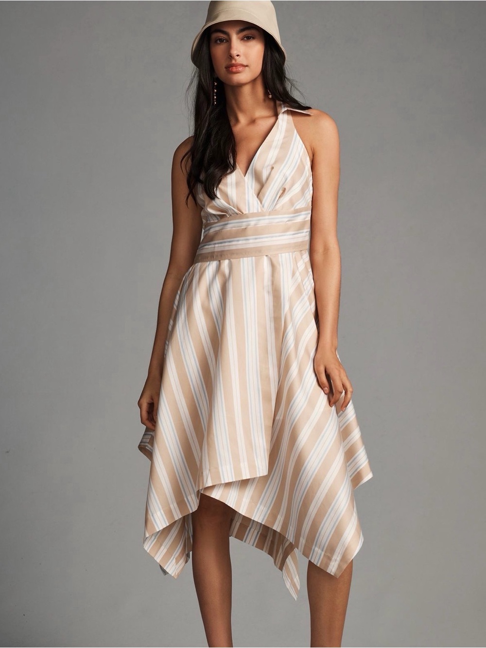 Anthropologie Maeve Beige and White Wrap Striped Asymmetrical Halter Shirt Dress
